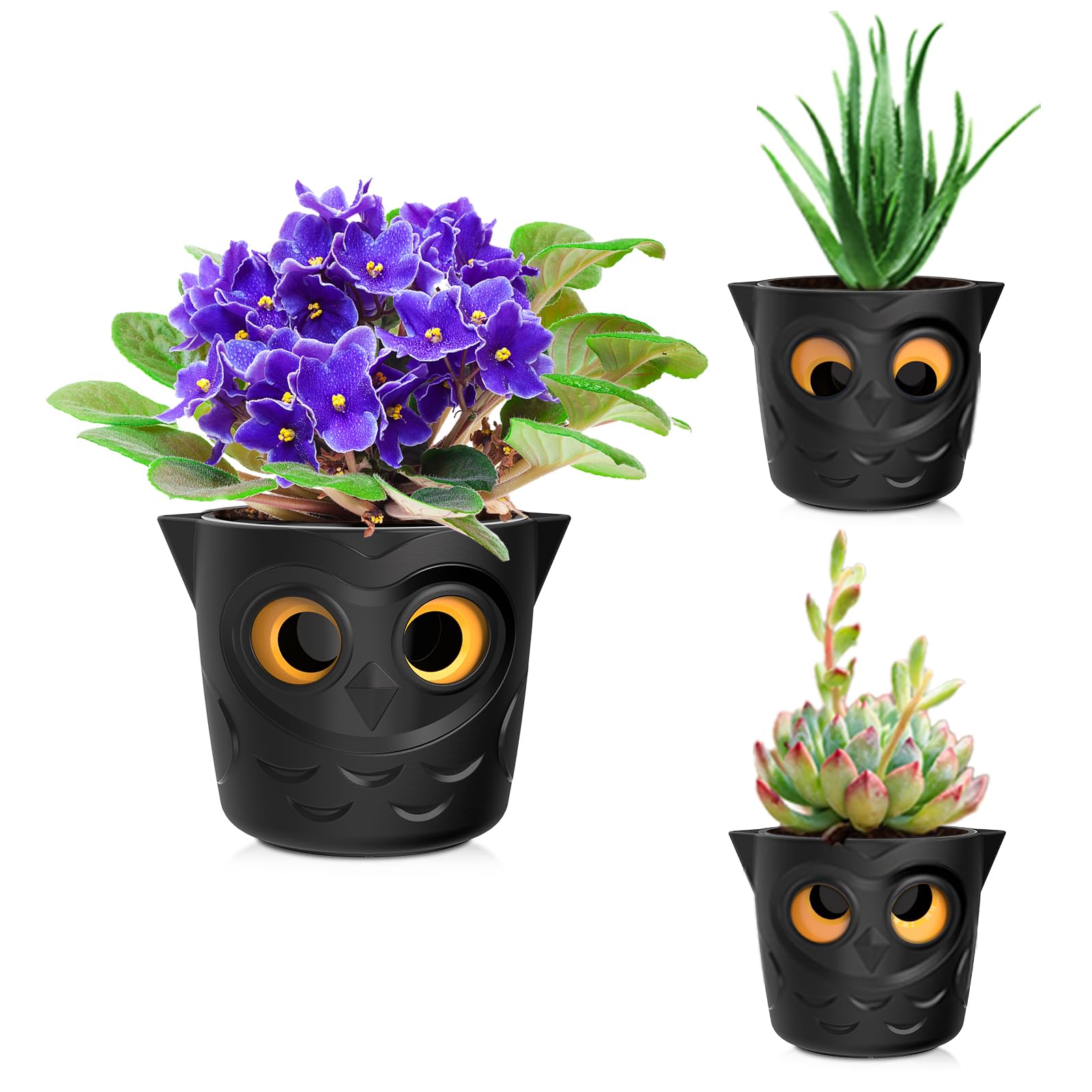 Restmo 3 Pack Plant Pots, 5” Self Watering Planters for Indoor Plants, Plastic Flower Pots with Owl Eye Water Level Indicator, for House Plants, African Violet, Succulents, Monstera, Dark Black