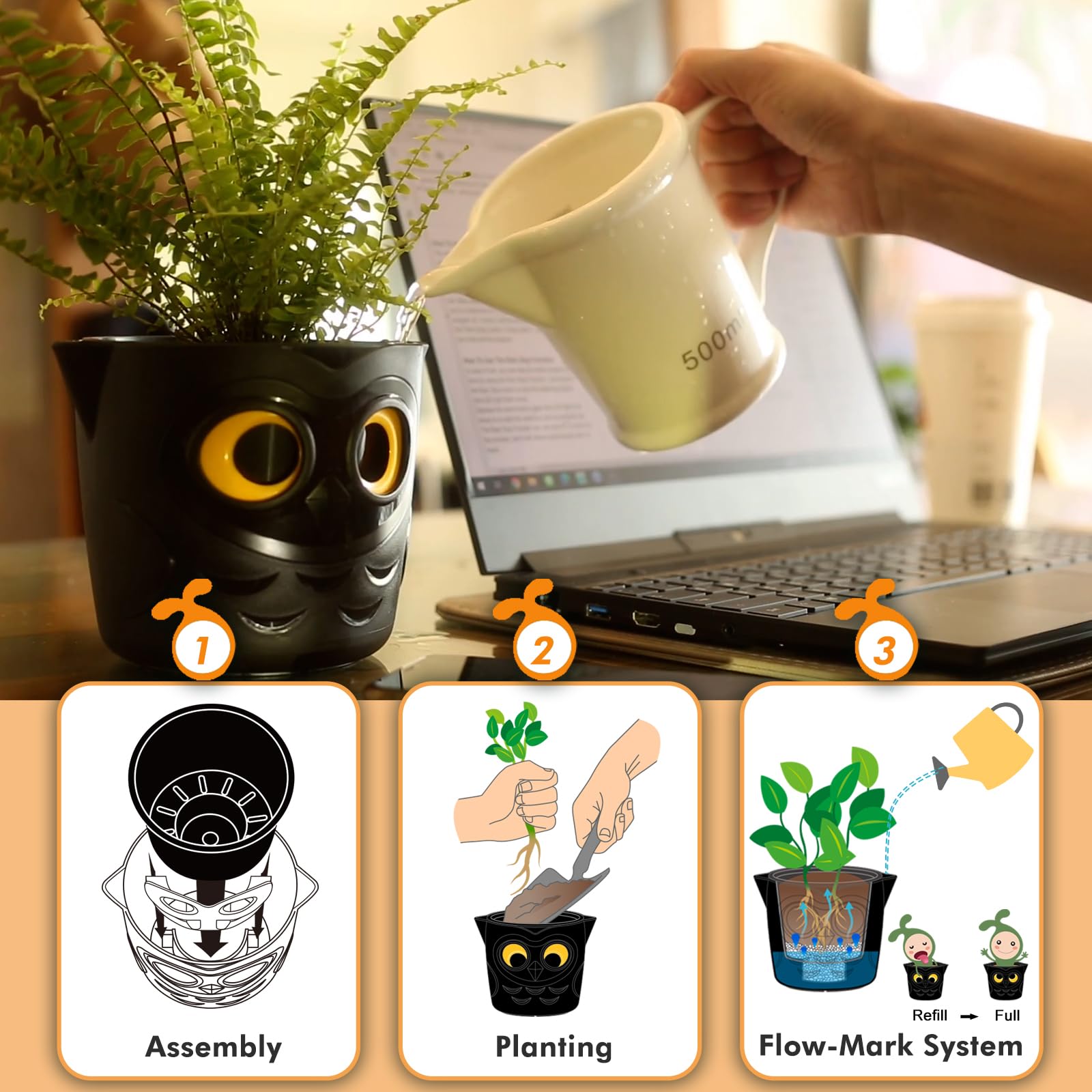 Restmo 3 Pack Plant Pots, 5” Self Watering Planters for Indoor Plants, Plastic Flower Pots with Owl Eye Water Level Indicator, for House Plants, African Violet, Succulents, Monstera, Dark Black