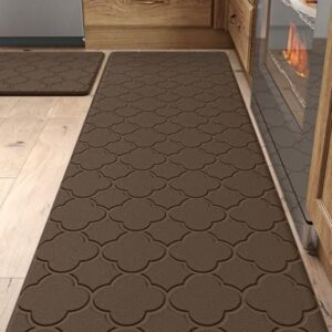 DEXI Kitchen Rugs Anti Fatigue Mats for Floor Cushioned Runner Rug Non Skid Comfort Foam Standing Mat for Office, Sink, 2 Pieces Set 17"x29"+17"x59", Brown