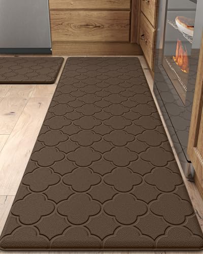 DEXI Kitchen Rugs Anti Fatigue Mats for Floor Cushioned Runner Rug Non Skid Comfort Foam Standing Mat for Office, Sink, 2 Pieces Set 17"x29"+17"x59", Brown