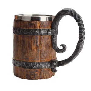 wooden beer mug beer barrel, large viking cup wood style beer mug tankard with handle, antique gifts for men bar restaurant vintage bar accessories(18.60oz/550ml)