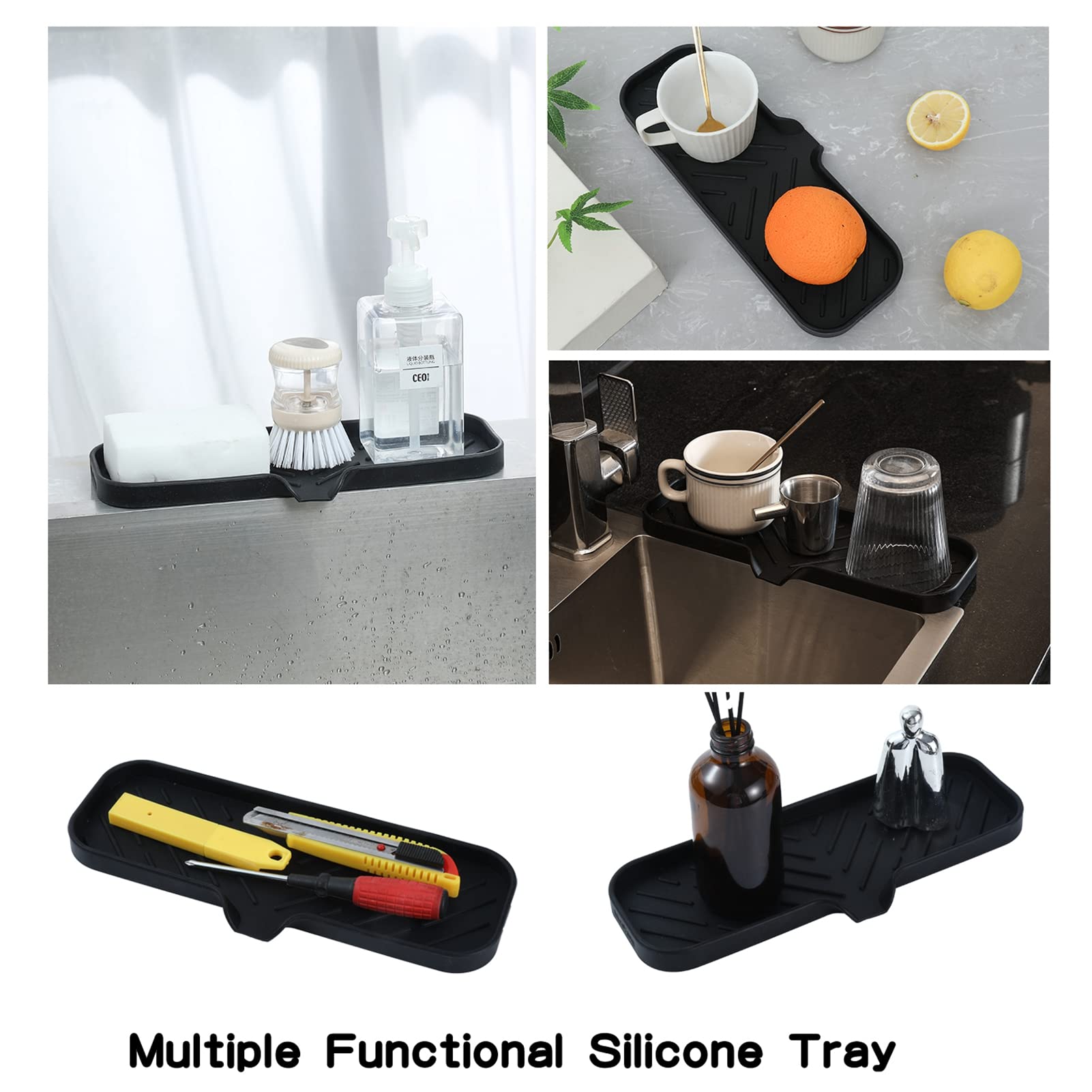 MicoYang Silicone Bathroom Soap Dishes with Drain Spout-Bathroom and Kitchen Sink Organizer,Sponge Holder,Dish Soap Tray,Perfect for Dispenser,Scrubber,Bottle,Cup on Sink or Counter-Black 12"×4"