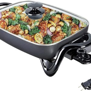 16-Inch Large Electric Skillet Nonstick with Glass Lid, Serves 6 to 8 People (10-Quart), Frying Pan for Roast, Bake,Stew, Adjustable Temperature Control, Black
