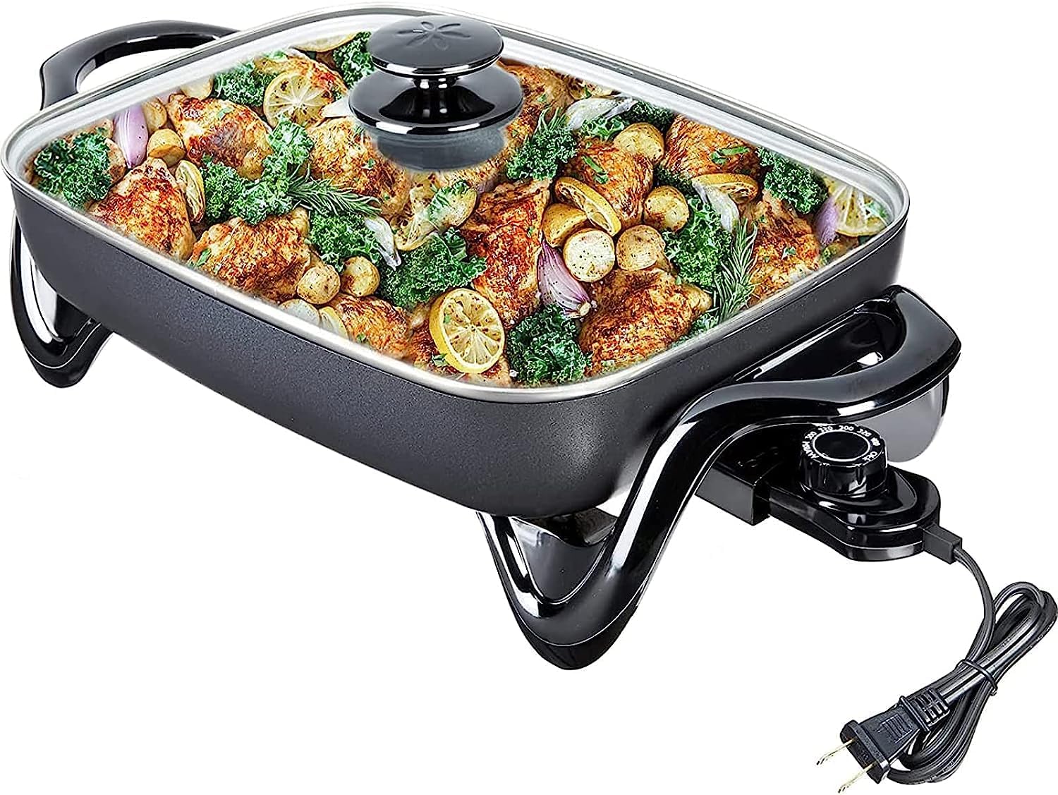 16-Inch Large Electric Skillet Nonstick with Glass Lid, Serves 6 to 8 People (10-Quart), Frying Pan for Roast, Bake,Stew, Adjustable Temperature Control, Black