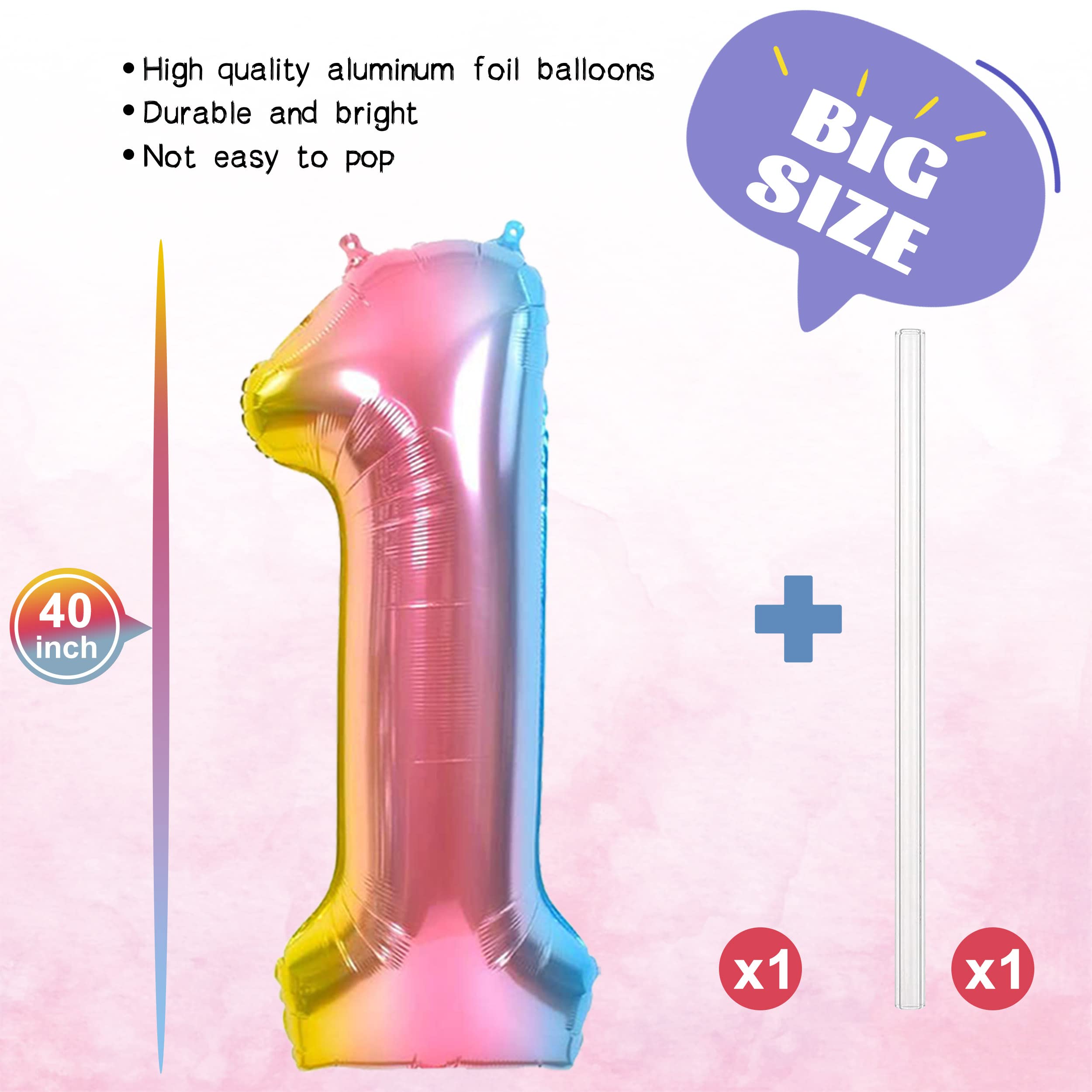 JOYYPOP 40 Inch Rainbow Number Balloon Foil Large Number 1 Balloon for Birthday Anniversary Baby Shower Unicorn Parties