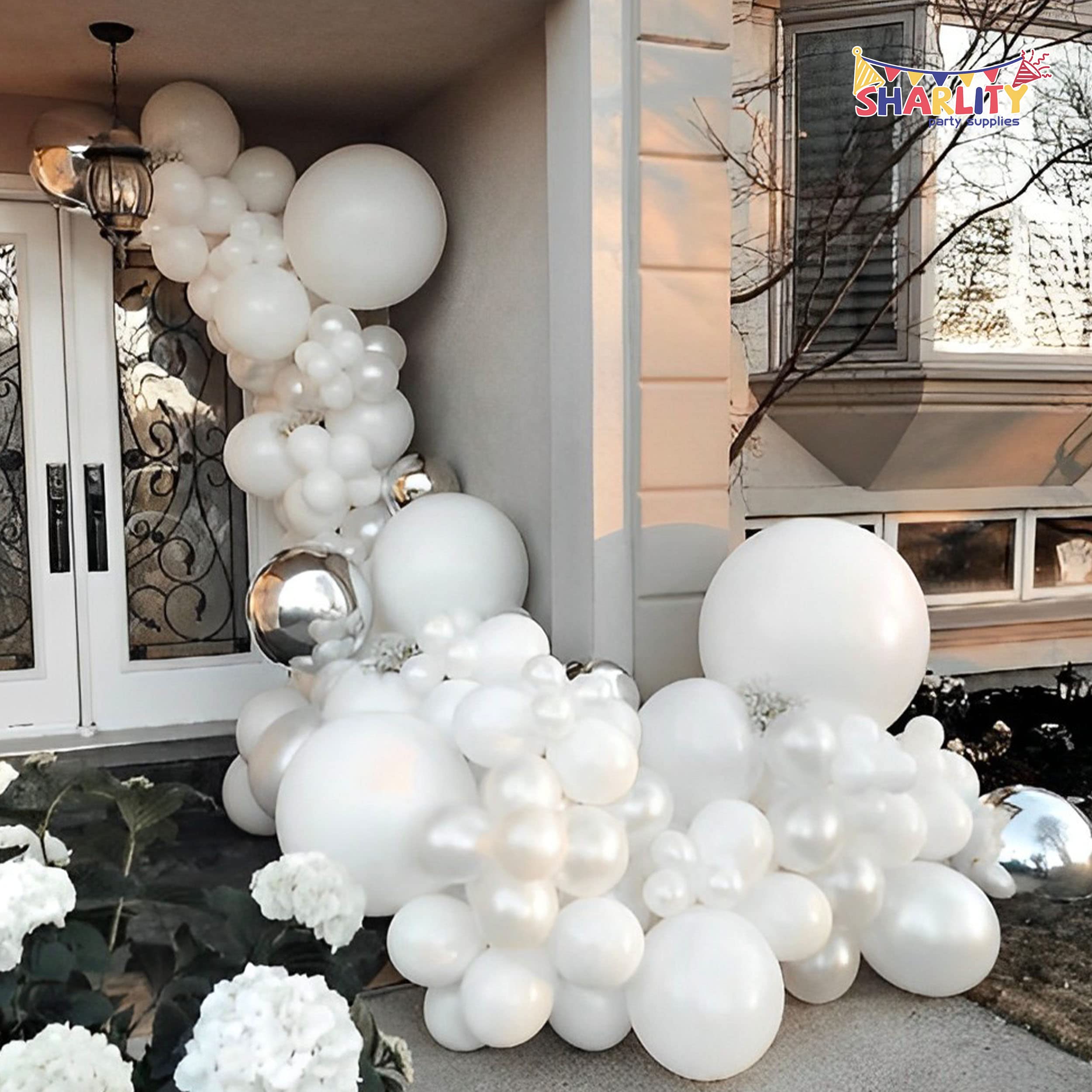 Sharlity 130PCS White Balloon Garland Arch Kit Pearl White Balloons Different Sizes 18 12 10 5 Inch for Birthday Baby Shower Wedding Bridal Shower Party Decorations