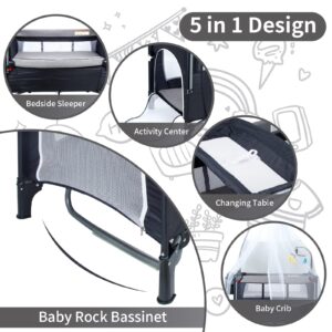 LemoHome 5 in 1 Baby Bassinet Bedside Sleeper,Portable Baby Crib,Rocking Bassinet for Baby,FolableTravel Playard with Bassinet, Mattress, Diaper Changer and Music Mobile for Newborn, Infant, Toddler