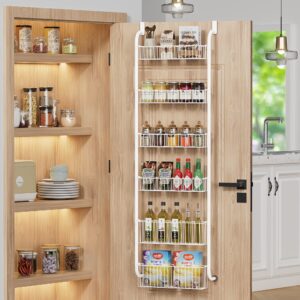 vivsol 6-tier over the door pantry organizer with 4 + 2 full baskets, heavy-duty metal hanging spice rack for pantry door organizer kitchen organizer storage, bathroom organizer, closet storage, white