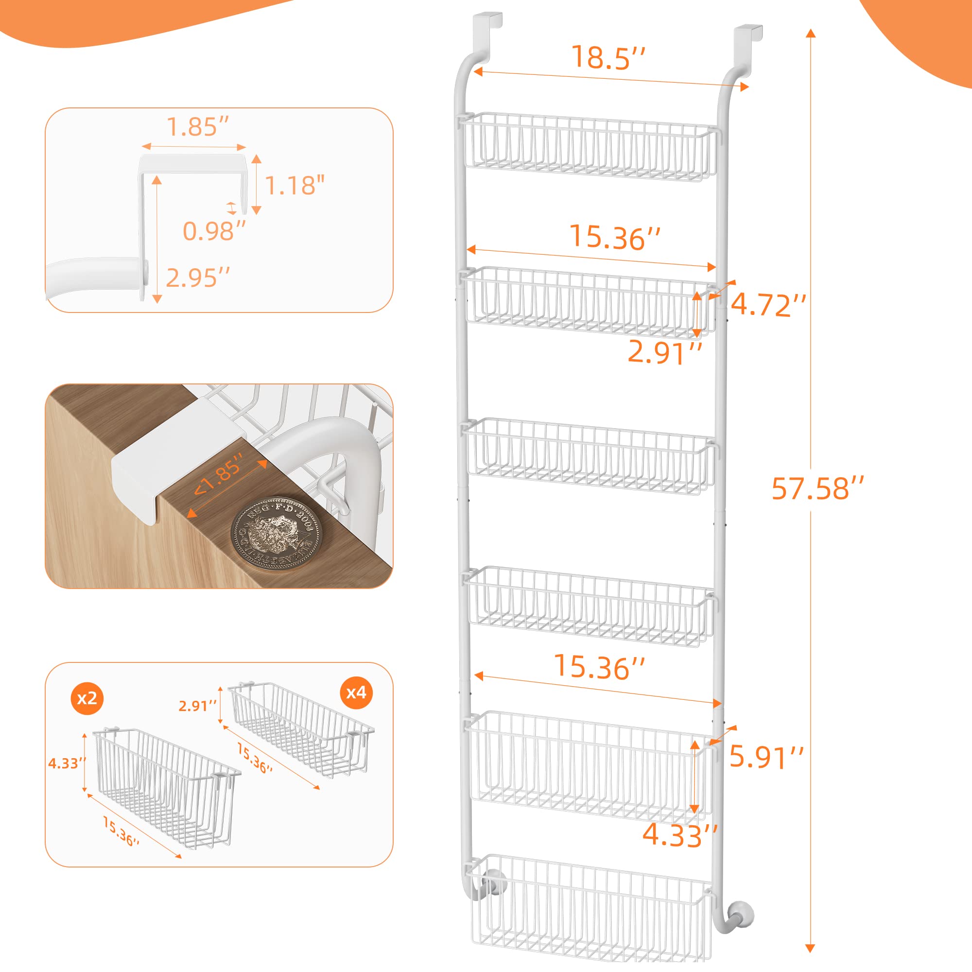 VIVSOL 6-Tier Over the Door Pantry Organizer with 4 + 2 Full Baskets, Heavy-Duty Metal Hanging Spice Rack for Pantry Door Organizer Kitchen Organizer Storage, Bathroom Organizer, Closet Storage, White