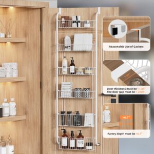 VIVSOL 6-Tier Over the Door Pantry Organizer with 4 + 2 Full Baskets, Heavy-Duty Metal Hanging Spice Rack for Pantry Door Organizer Kitchen Organizer Storage, Bathroom Organizer, Closet Storage, White
