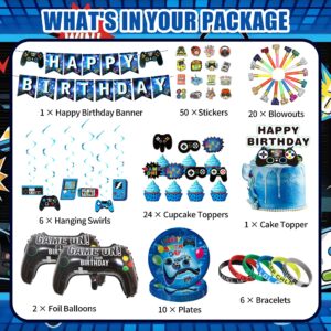 240Pcs Video Game Birthday Party Supplies, Video Game Birthday Party Decorations Include Banners, Cake & Cupcake Topper, Swirls, Backdrop, Tablewares, Balloons and Stickers (10 Guests)