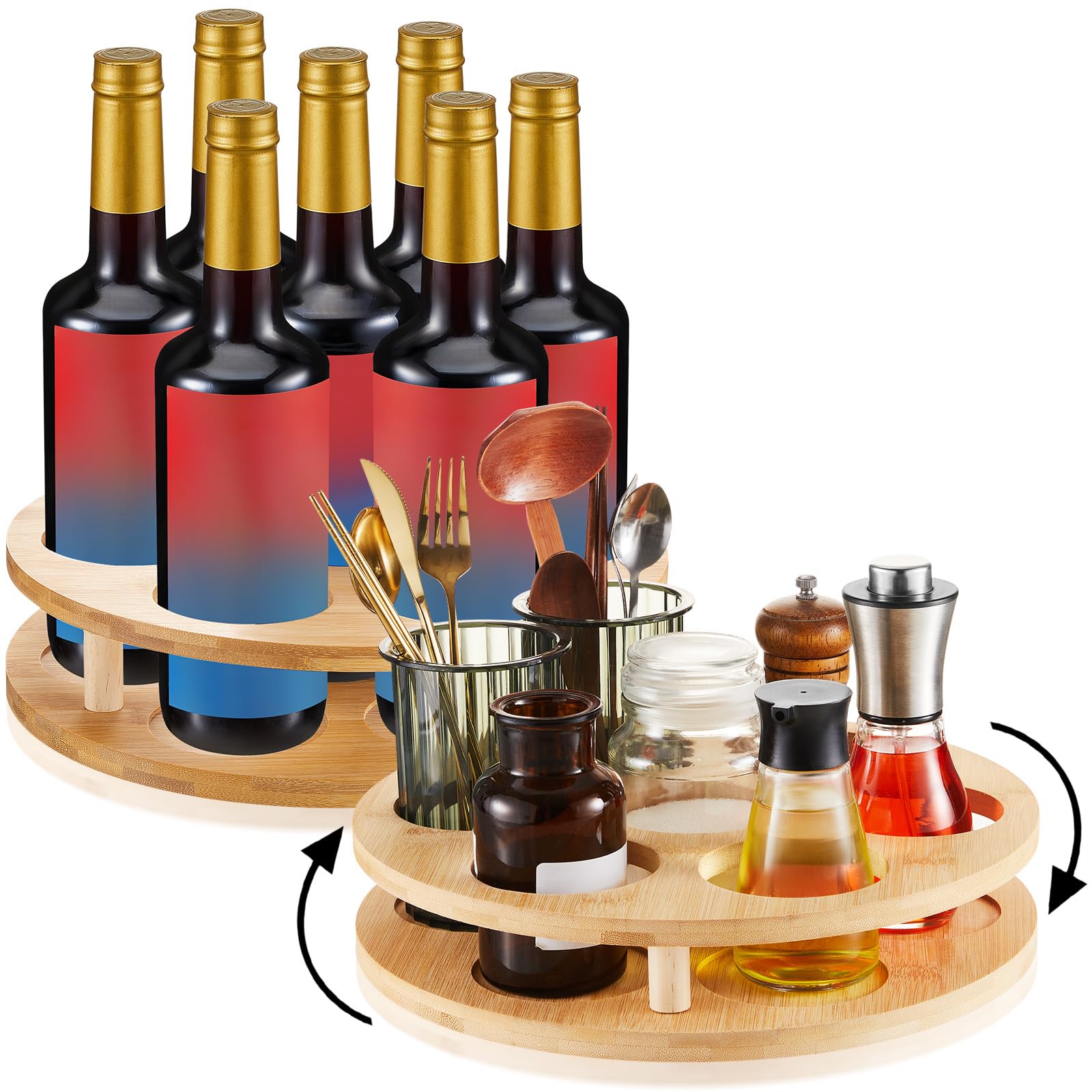 Tessco 2 Sets Rotating Coffee Syrup Organizer 7 Bottle Syrup Bottle Holder Rack Wood Bamboo Lazy Susan Countertop Freestanding Wine Rack Turntable Bottle Display Stand for Sauce Oil