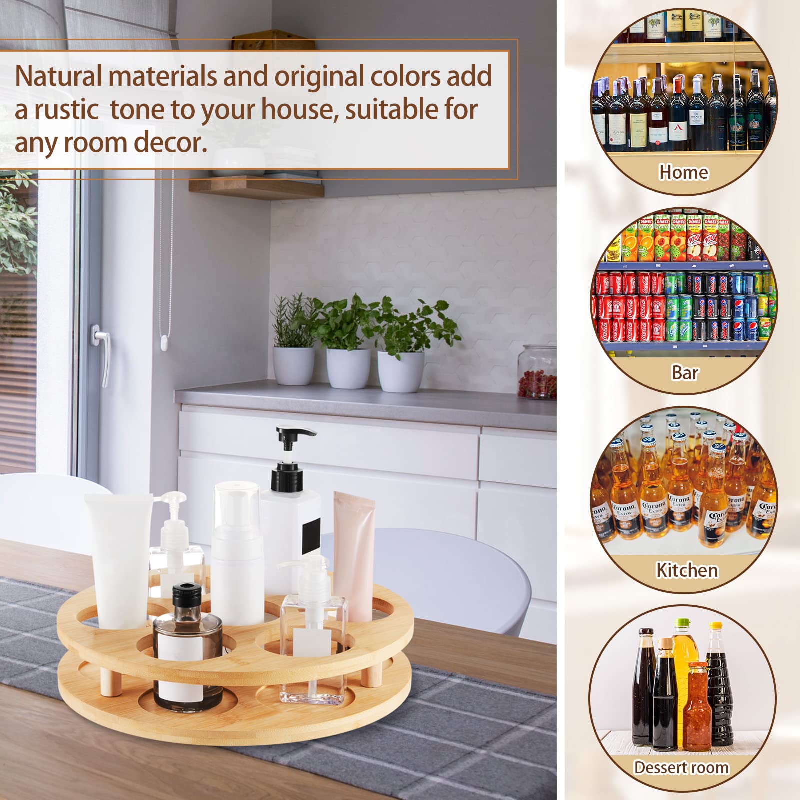 Tessco 2 Sets Rotating Coffee Syrup Organizer 7 Bottle Syrup Bottle Holder Rack Wood Bamboo Lazy Susan Countertop Freestanding Wine Rack Turntable Bottle Display Stand for Sauce Oil