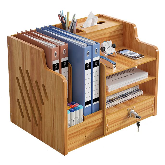 4 Tiers Office Wood Desktop Organizer, A4 Paper File Rack with Vertical Horizontal File Holder, Supplies Storage Box Mail Sorter on Desk Tabletop Binder Folder Letter Trays