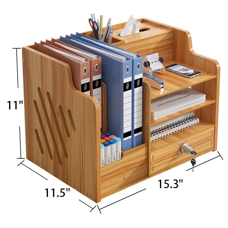 4 Tiers Office Wood Desktop Organizer, A4 Paper File Rack with Vertical Horizontal File Holder, Supplies Storage Box Mail Sorter on Desk Tabletop Binder Folder Letter Trays