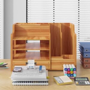 4 Tiers Office Wood Desktop Organizer, A4 Paper File Rack with Vertical Horizontal File Holder, Supplies Storage Box Mail Sorter on Desk Tabletop Binder Folder Letter Trays