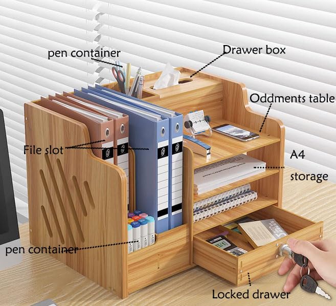 4 Tiers Office Wood Desktop Organizer, A4 Paper File Rack with Vertical Horizontal File Holder, Supplies Storage Box Mail Sorter on Desk Tabletop Binder Folder Letter Trays