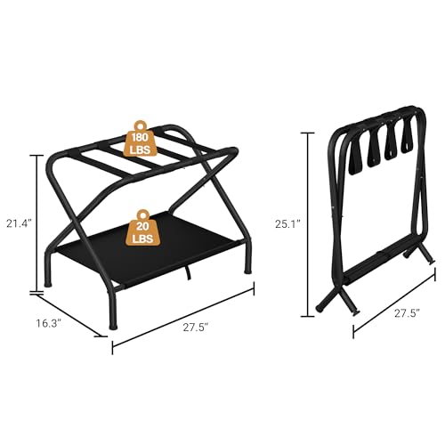 Dunatou Luggage Rack, Suitcase Stand with Storage Shelf, Luggage Stand for Guest Room, Hotel, Bedroom, Hold up to 200 lb, Black, Installation Method is Simpler than Before