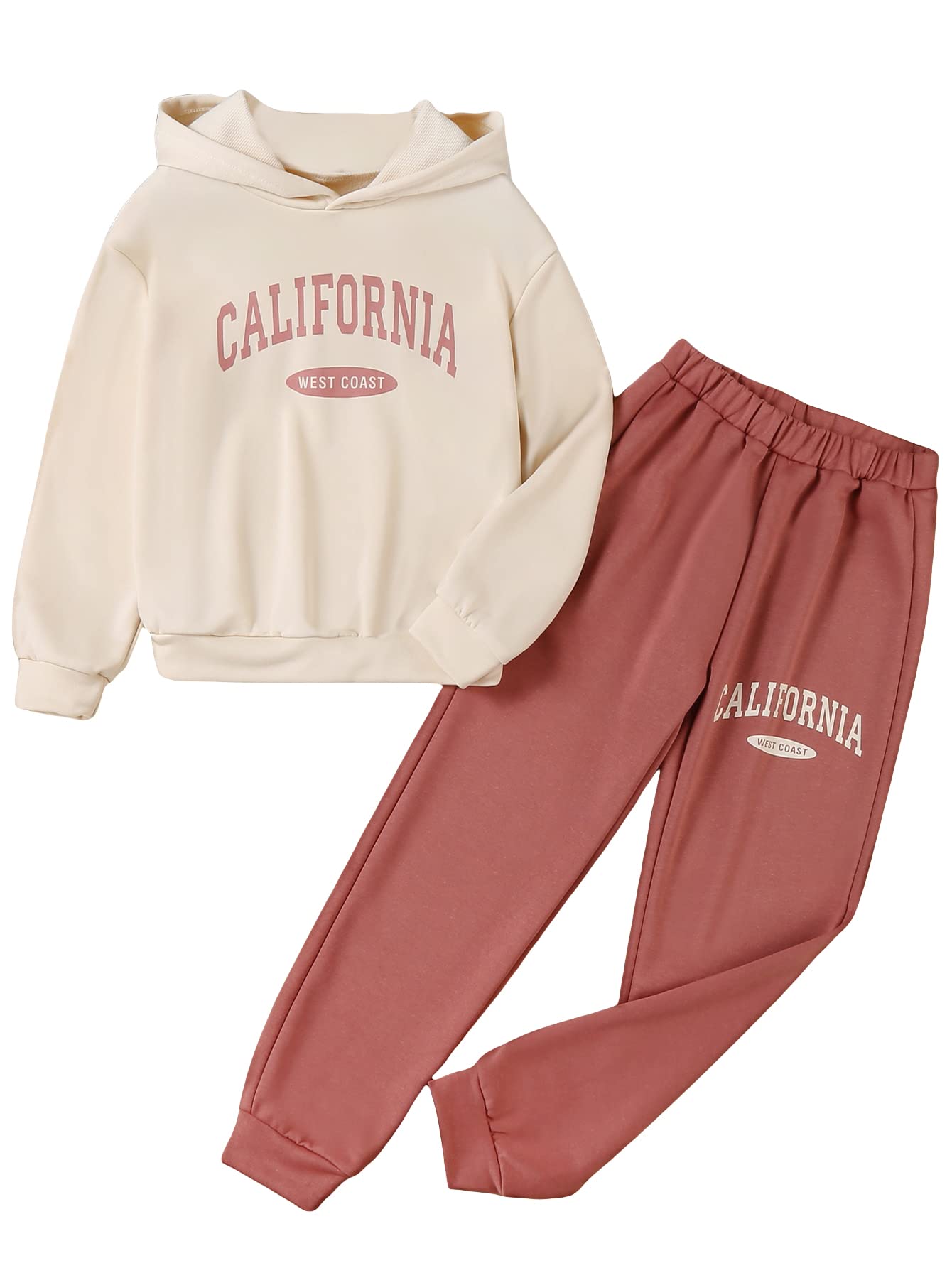 SOLY HUX Girl's Letter Print Drop Shoulder Hoodie Sweatshirt and Jogger Sweatpants 2 Piece Outfit Beige and Pink 10Y