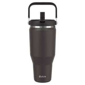 zukro 40 oz tumbler with top handle, leak proof stainless steel cup with flip straw, no sweat insulated water bottle fit in cup holder for sport, outdoors, keep drinks cold 24 hours, coal