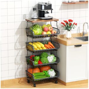 gsiekare fruit vegetable basket for kitchen, 5 tier stackable fruit vegetable storage baskets with wheels, metal wire storage basket organizer cart for kitchen, pantry, bathroom