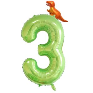 hibilder 2pcs set, 40 inch green number 3 & mini dinosaur balloon for boys birthday party decorations, jungle green theme, children's party supplies