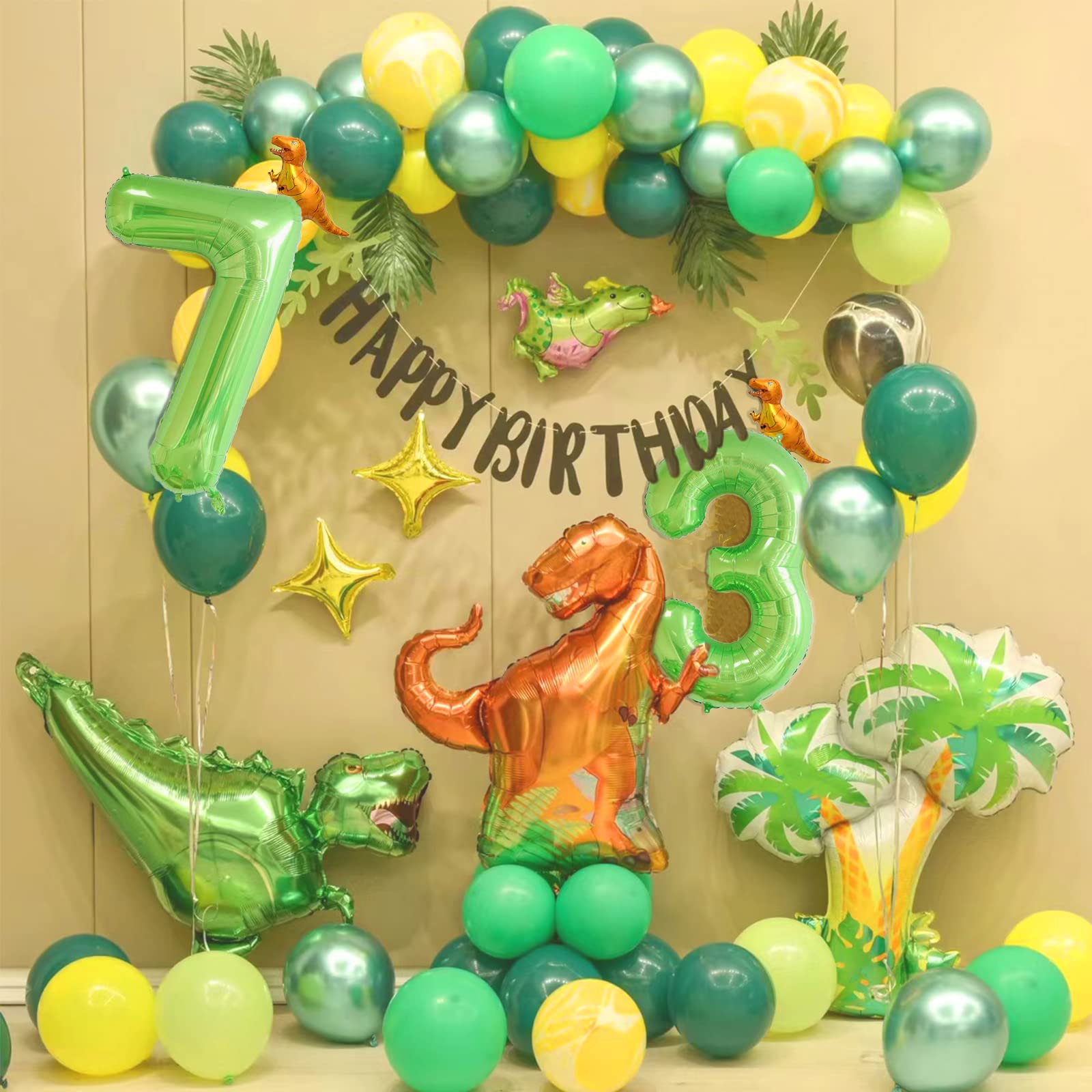 HIBILDER 2pcs Set, 40 Inch Green Number 3 & Mini Dinosaur Balloon for Boys Birthday Party Decorations, Jungle Green Theme, Children's Party Supplies