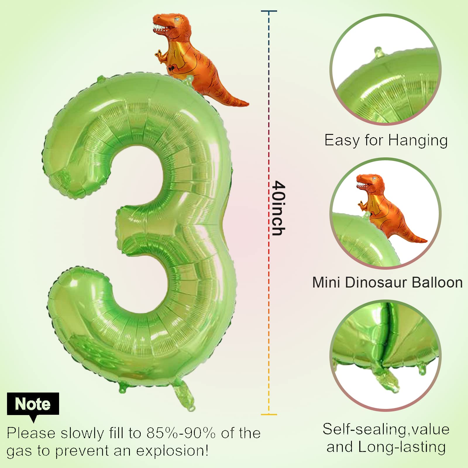 HIBILDER 2pcs Set, 40 Inch Green Number 3 & Mini Dinosaur Balloon for Boys Birthday Party Decorations, Jungle Green Theme, Children's Party Supplies