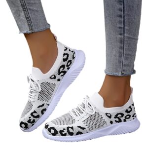 women's lace-up sneakers spring summer knitted mesh breathable sports shoes leopard print walking shoes lightweight non-slip running shoes casual sneakers comfortable road running shoes ( color : blac