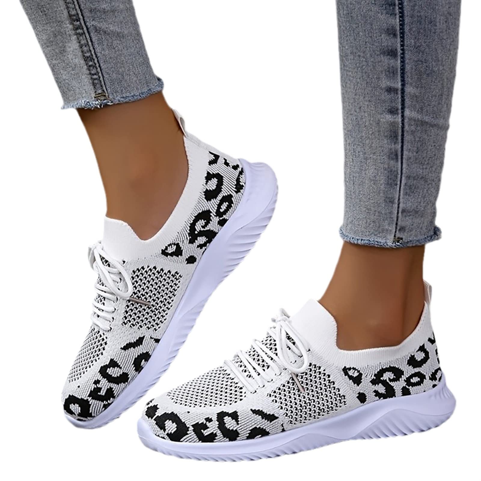 Women's Lace-Up Sneakers Spring Summer Knitted Mesh Breathable Sports Shoes Leopard Print Walking Shoes Lightweight Non-Slip Running Shoes Casual Sneakers Comfortable Road Running Shoes ( Color : Blac