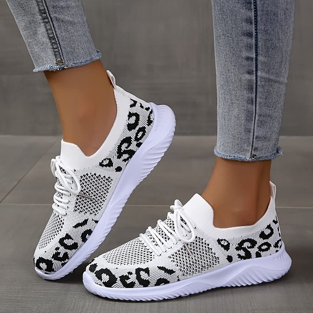 Women's Lace-Up Sneakers Spring Summer Knitted Mesh Breathable Sports Shoes Leopard Print Walking Shoes Lightweight Non-Slip Running Shoes Casual Sneakers Comfortable Road Running Shoes ( Color : Blac