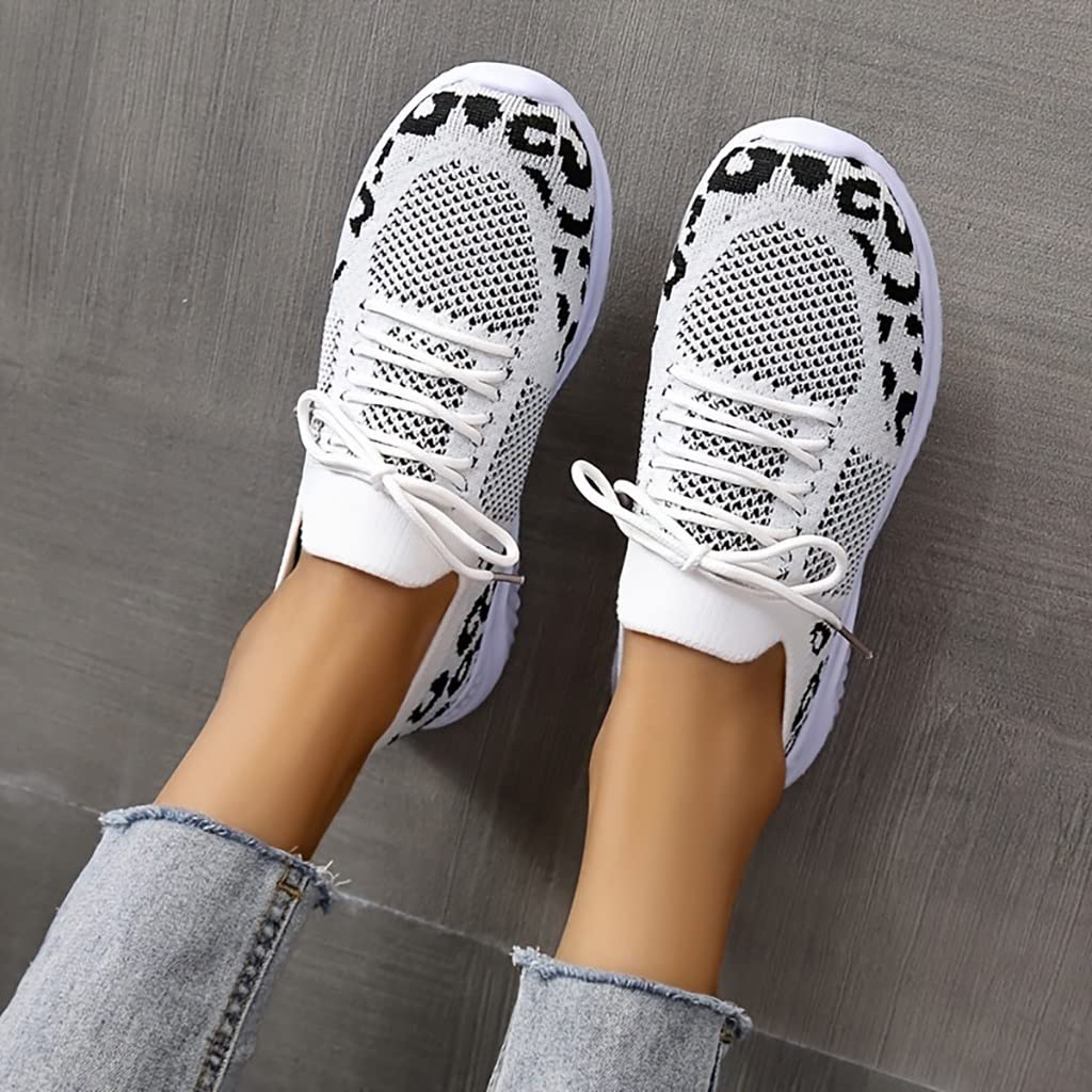 Women's Lace-Up Sneakers Spring Summer Knitted Mesh Breathable Sports Shoes Leopard Print Walking Shoes Lightweight Non-Slip Running Shoes Casual Sneakers Comfortable Road Running Shoes ( Color : Blac