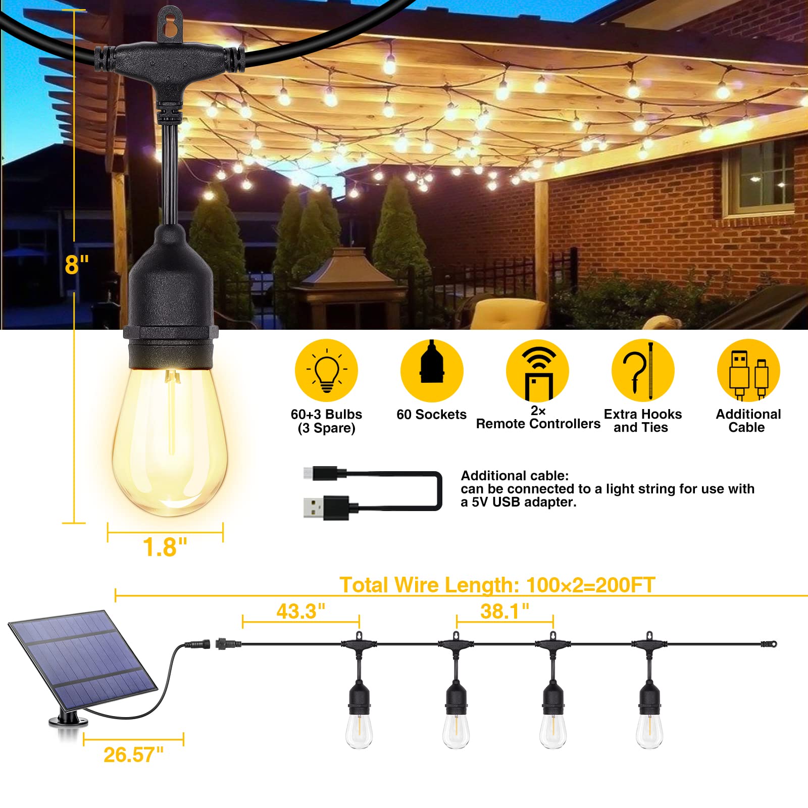 ZJOJO Solar String Lights Outdoor Waterproof 200FT(2 Pack), Solar Outdoor String Lights with 60 Shatterproof Sockets, LED Patio Lights Solar Powered & USB Port, IP65 Grade Solar Lights for Outside