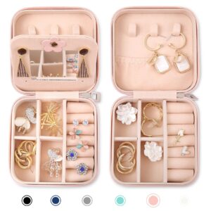 misaya travel jewelry organizer box 2 pcs, small travel jewelry storage case with mirror, mini pu leather jewelry holder boxes for earrings, rings, necklaces, gift for women, girls, mother, pink