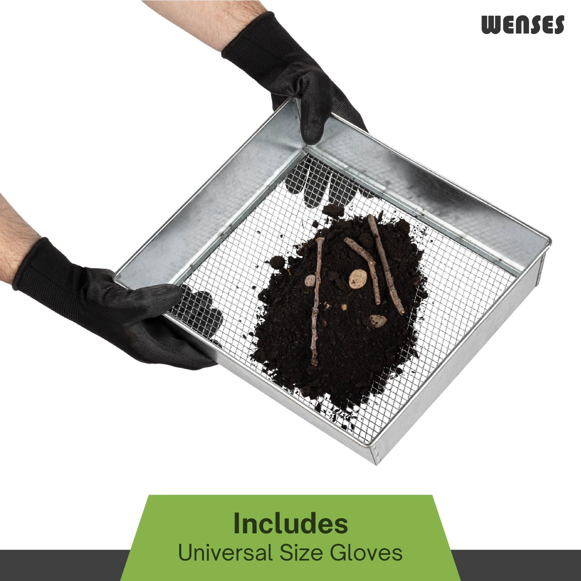 Wenses Metal Dirt Sifter, 11 x 9 Inch, Galvanized Steel with 1/4" Wire Mesh, Includes Work Gloves