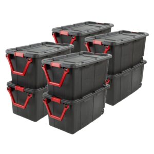sterilite 40 gal wheeled industrial tote, stackable storage bin with latch lid, plastic container with heavy duty latches, black base and lid, 8-pack