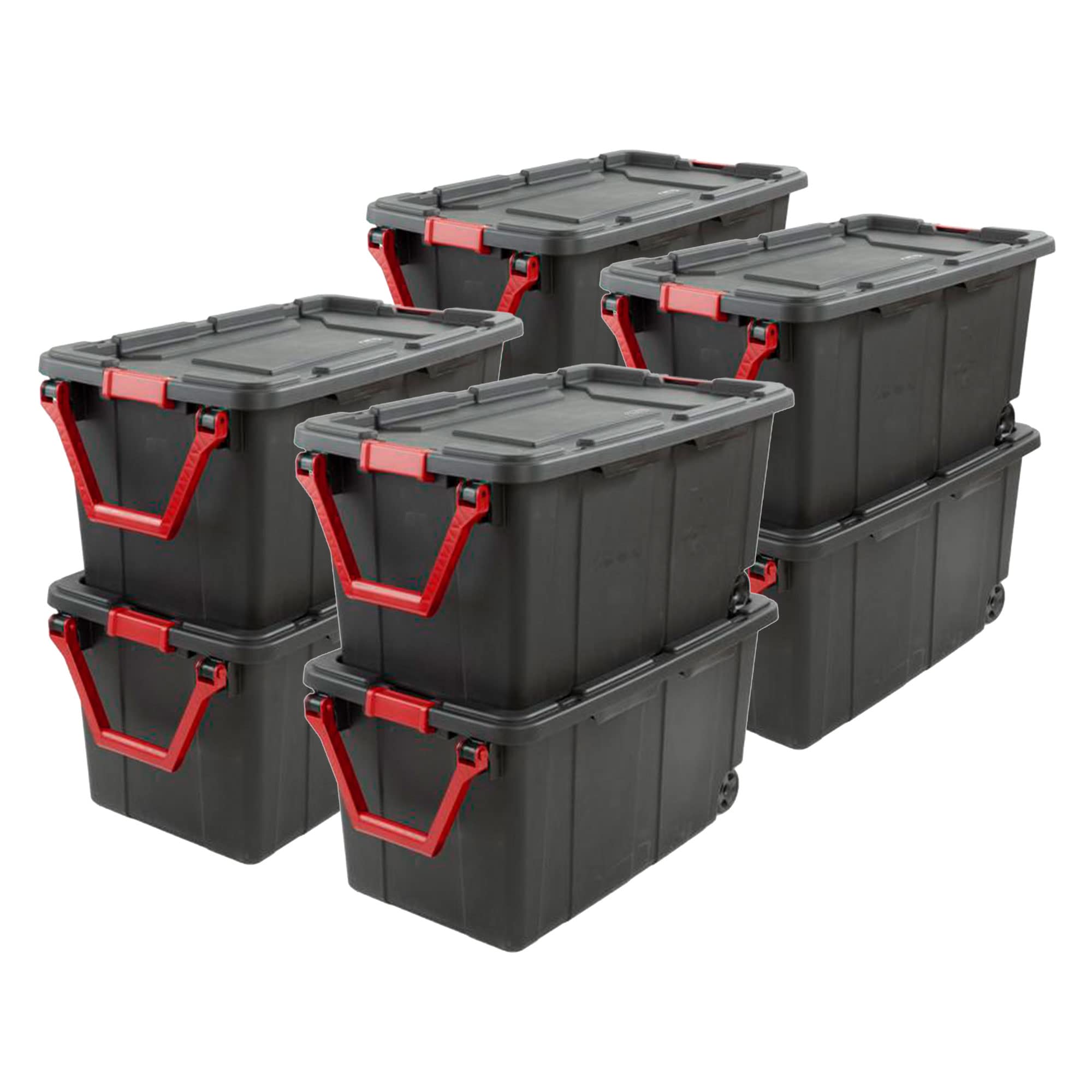 Sterilite 40 Gal Wheeled Industrial Tote, Stackable Storage Bin with Latch Lid, Plastic Container with Heavy Duty Latches, Black Base and Lid, 8-Pack