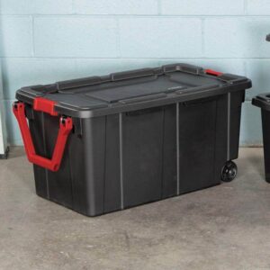 Sterilite 40 Gal Wheeled Industrial Tote, Stackable Storage Bin with Latch Lid, Plastic Container with Heavy Duty Latches, Black Base and Lid, 8-Pack