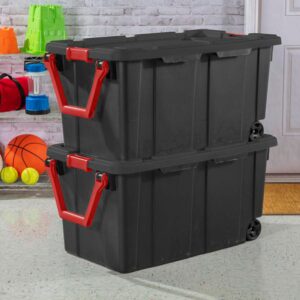 Sterilite 40 Gal Wheeled Industrial Tote, Stackable Storage Bin with Latch Lid, Plastic Container with Heavy Duty Latches, Black Base and Lid, 8-Pack