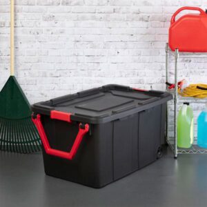 Sterilite 40 Gal Wheeled Industrial Tote, Stackable Storage Bin with Latch Lid, Plastic Container with Heavy Duty Latches, Black Base and Lid, 8-Pack