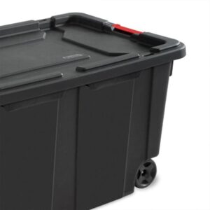 Sterilite 40 Gal Wheeled Industrial Tote, Stackable Storage Bin with Latch Lid, Plastic Container with Heavy Duty Latches, Black Base and Lid, 8-Pack