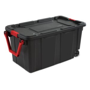 Sterilite 40 Gal Wheeled Industrial Tote, Stackable Storage Bin with Latch Lid, Plastic Container with Heavy Duty Latches, Black Base and Lid, 8-Pack