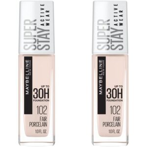 maybelline super stay full coverage liquid foundation active wear makeup, up to 30hr wear, transfer, sweat & water resistant, matte finish, fair porcelain, 1 count (pack of 2)