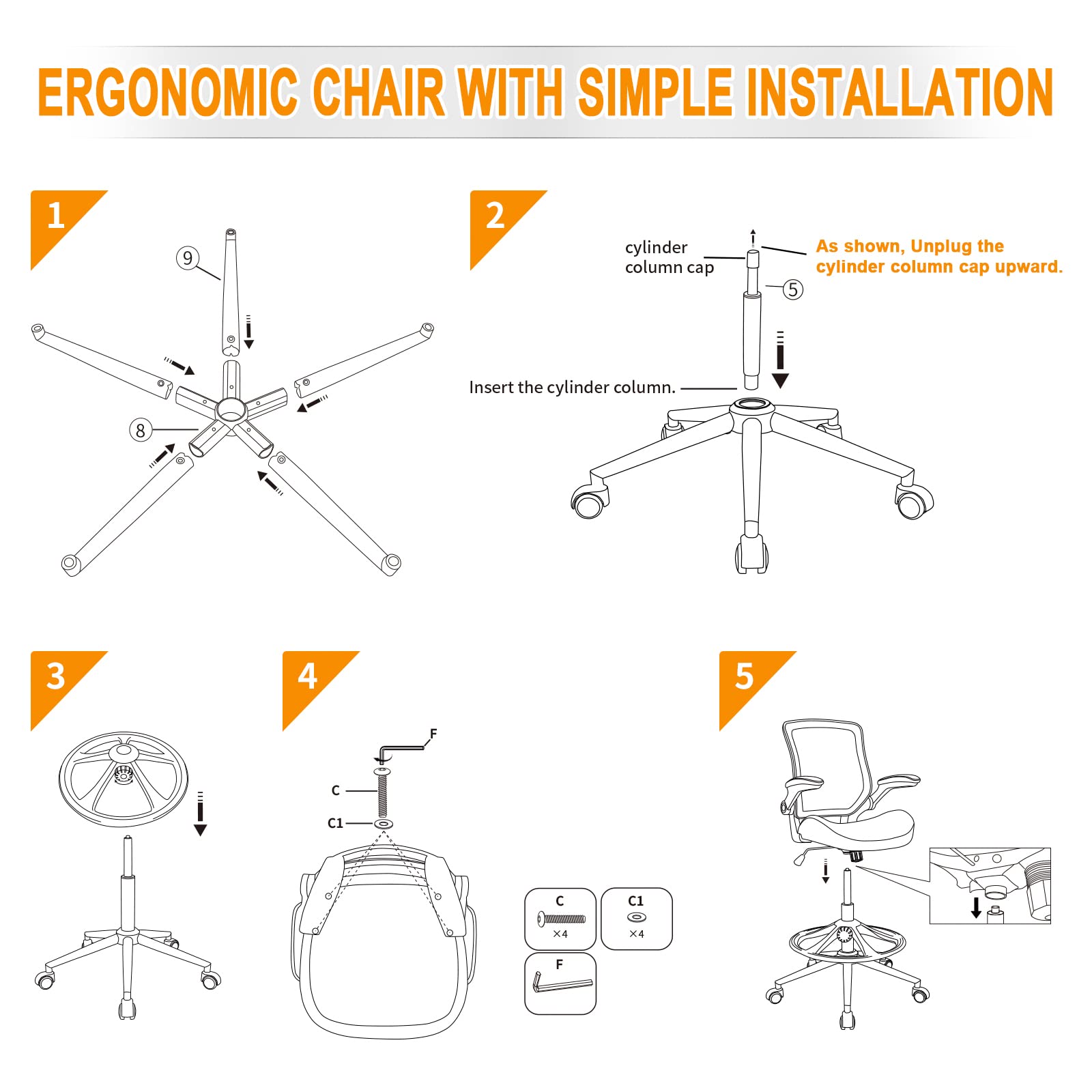 BOJUZIJA Ergonomic Drafting Chair,Standing Computer Desk Chair,Foot Ring,with Flip-Up Arms,Lumbar Support Swivel Computer Task Chair-Black