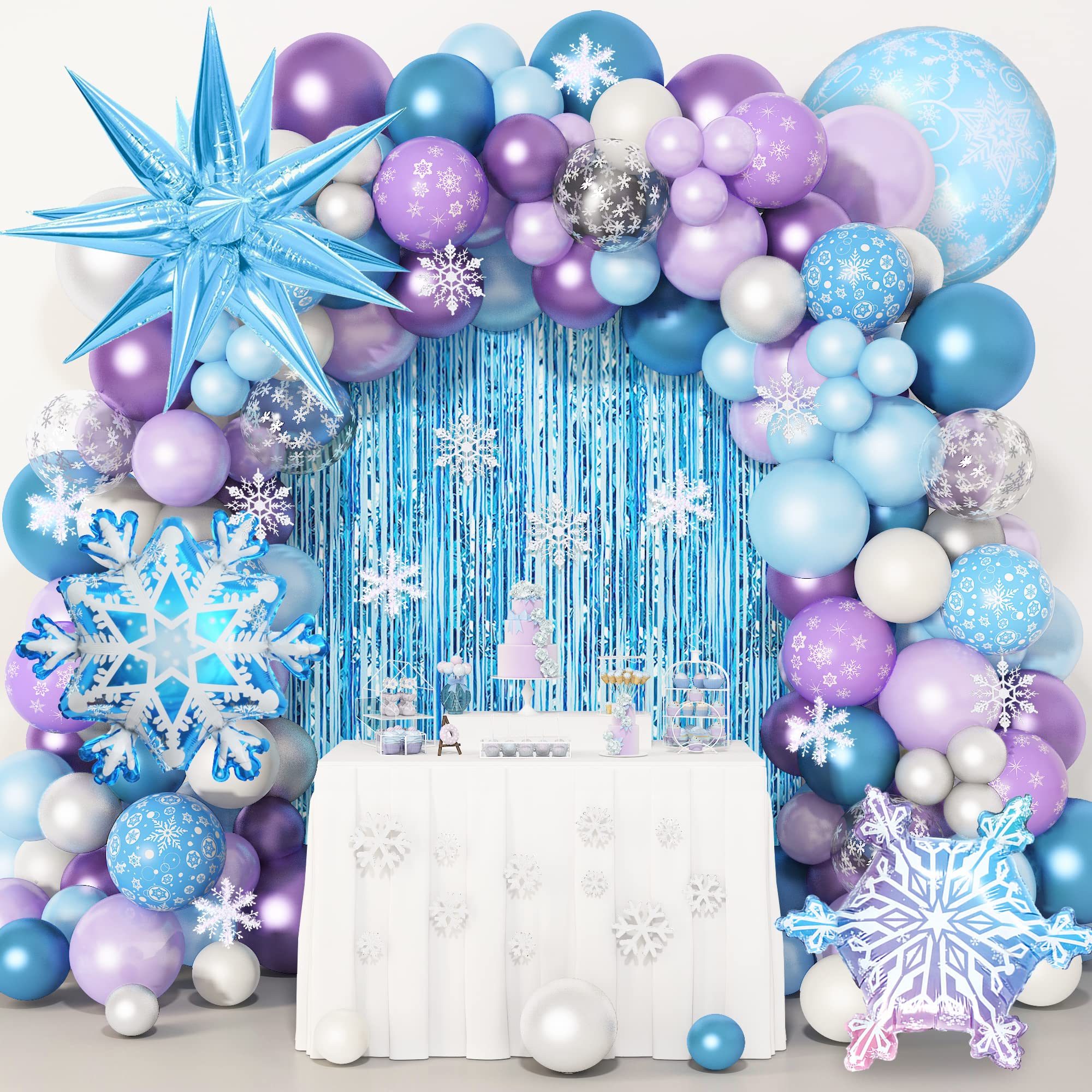 Amandir 162PCS Snow Birthday Party Supplies, Snow Balloon Garland Arch Kit Fringe Curtain Blue Purple Snowflake Foil Balloons Princess Winter Wonderland Girl Baby Froze Party Decorations