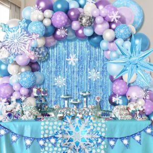 Amandir 162PCS Snow Birthday Party Supplies, Snow Balloon Garland Arch Kit Fringe Curtain Blue Purple Snowflake Foil Balloons Princess Winter Wonderland Girl Baby Froze Party Decorations