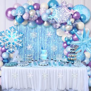 Amandir 162PCS Snow Birthday Party Supplies, Snow Balloon Garland Arch Kit Fringe Curtain Blue Purple Snowflake Foil Balloons Princess Winter Wonderland Girl Baby Froze Party Decorations