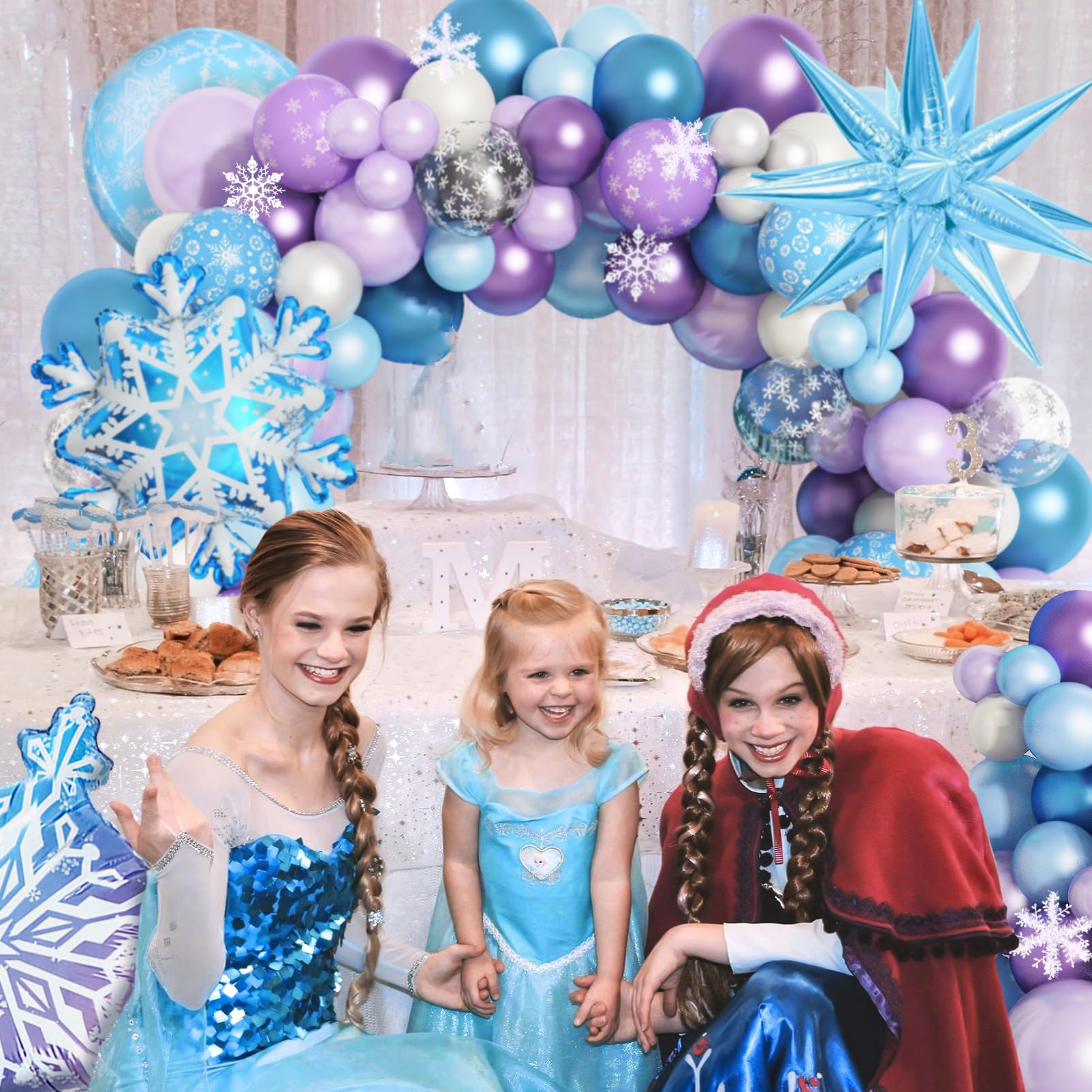 Amandir 162PCS Snow Birthday Party Supplies, Snow Balloon Garland Arch Kit Fringe Curtain Blue Purple Snowflake Foil Balloons Princess Winter Wonderland Girl Baby Froze Party Decorations