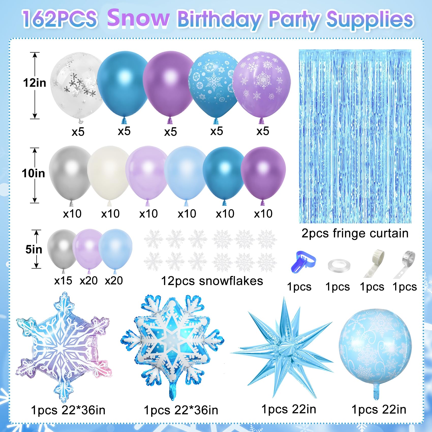 Amandir 162PCS Snow Birthday Party Supplies, Snow Balloon Garland Arch Kit Fringe Curtain Blue Purple Snowflake Foil Balloons Princess Winter Wonderland Girl Baby Froze Party Decorations