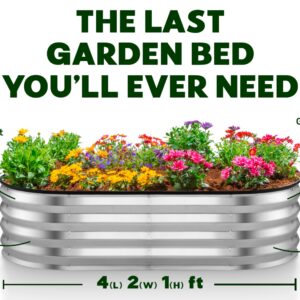 Galvanized Raised Garden Beds Outdoor // 4×2×1 ft Planter Raised Beds for Gardening, Vegetables, Flowers // Large Metal Garden Box (Silver) // Patent Pending Tool-Free Assembly